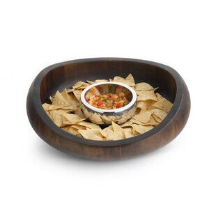 Nambe Original Espresso BUTTERFLY 16"  Acacia wood CHIP & DIP 5.5" Alloy Bowl-BN